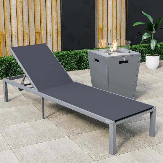 LeisureMod Marlin Grey Aluminum Outdoor Lounge Chair with Fire Pit, Black