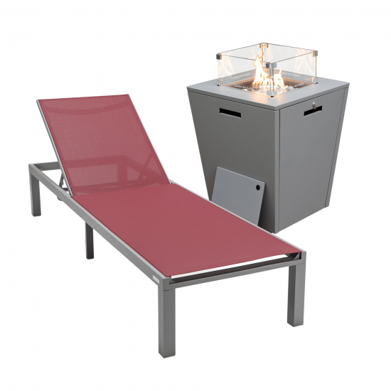 LeisureMod Marlin Grey Aluminum Outdoor Lounge Chair with Fire Pit, Burgundy