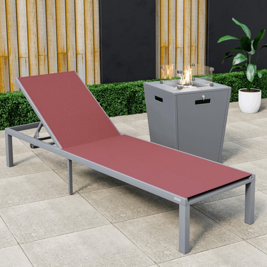 LeisureMod Marlin Grey Aluminum Outdoor Lounge Chair with Fire Pit, Burgundy