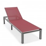 LeisureMod Marlin Grey Aluminum Outdoor Lounge Chair with Fire Pit, Burgundy
