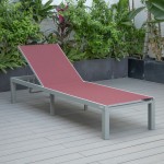 LeisureMod Marlin Grey Aluminum Outdoor Lounge Chair with Fire Pit, Burgundy