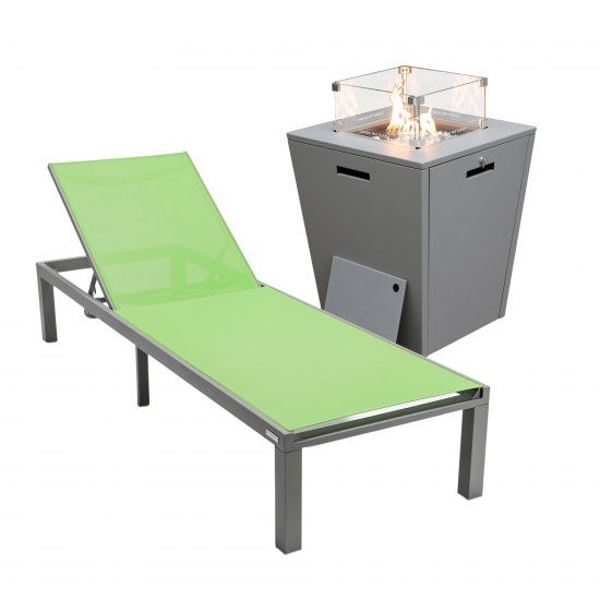 LeisureMod Marlin Grey Aluminum Outdoor Lounge Chair with Fire Pit, Green