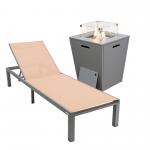 LeisureMod Marlin Grey Aluminum Outdoor Lounge Chair with Fire Pit, Light Brown