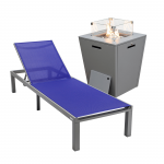 LeisureMod Marlin Grey Aluminum Outdoor Lounge Chair with Fire Pit, Navy Blue