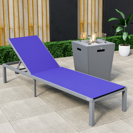 LeisureMod Marlin Grey Aluminum Outdoor Lounge Chair with Fire Pit, Navy Blue