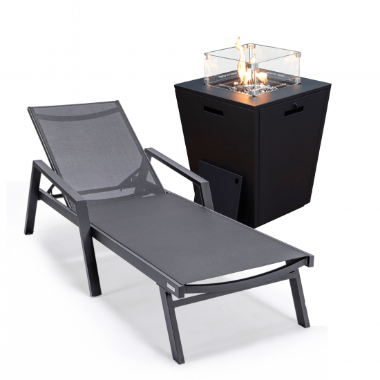 LeisureMod Marlin Black Aluminum Outdoor Lounge Chair and Fire Pit, Black