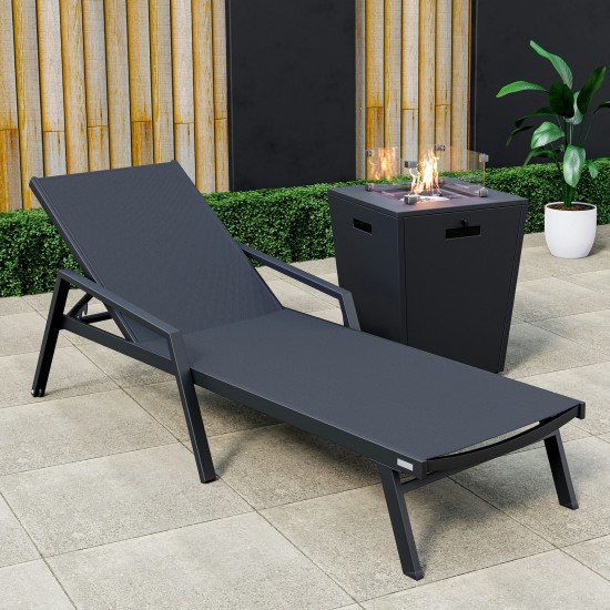 LeisureMod Marlin Black Aluminum Outdoor Lounge Chair and Fire Pit, Black