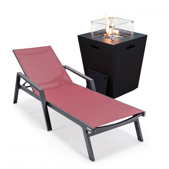 LeisureMod Marlin Black Aluminum Outdoor Lounge Chair and Fire Pit, Burgundy