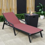 LeisureMod Marlin Black Aluminum Outdoor Lounge Chair and Fire Pit, Burgundy