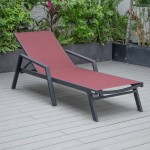 LeisureMod Marlin Black Aluminum Outdoor Lounge Chair and Fire Pit, Burgundy