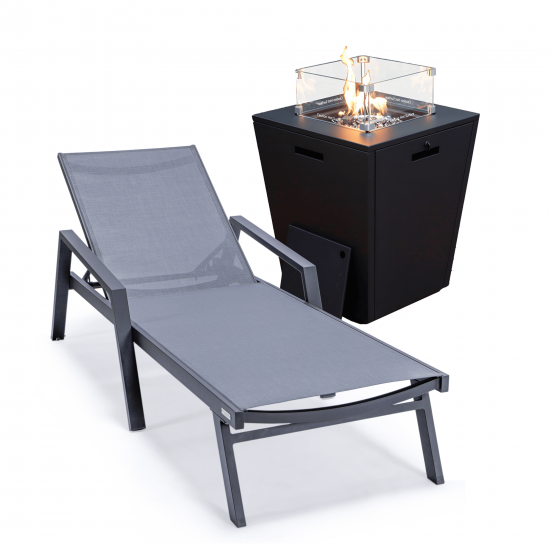 LeisureMod Marlin Black Aluminum Outdoor Lounge Chair and Fire Pit, Dark Grey