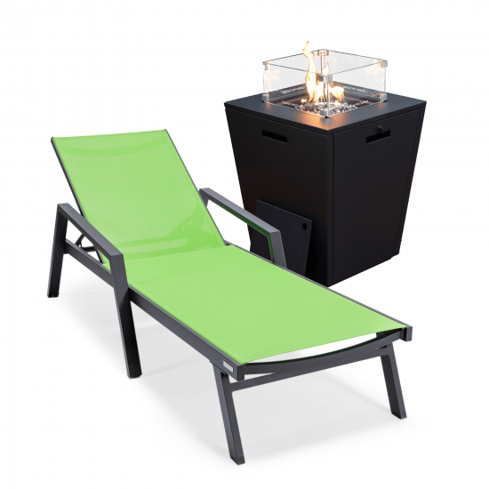 LeisureMod Marlin Black Aluminum Outdoor Lounge Chair and Fire Pit, Green