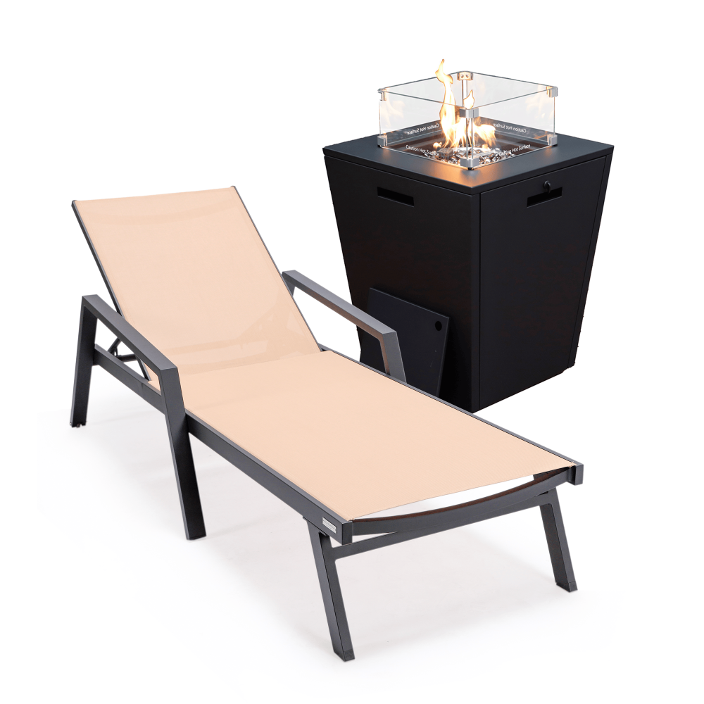 LeisureMod Marlin Black Aluminum Outdoor Lounge Chair and Fire Pit, Light Brown