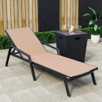 LeisureMod Marlin Black Aluminum Outdoor Lounge Chair and Fire Pit, Light Brown