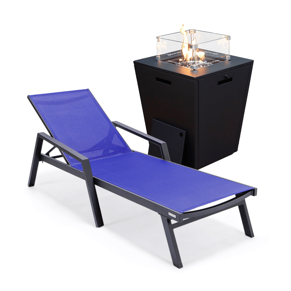 LeisureMod Marlin Black Aluminum Outdoor Lounge Chair and Fire Pit, Navy Blue