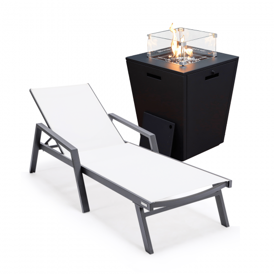 LeisureMod Marlin Black Aluminum Outdoor Lounge Chair and Fire Pit, White