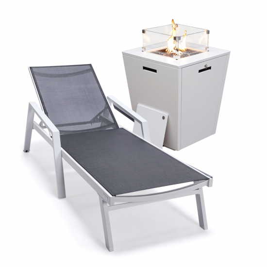 LeisureMod Marlin White Aluminum Outdoor Lounge Chair and Fire Pit, Black