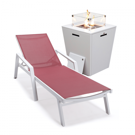 LeisureMod Marlin White Aluminum Outdoor Lounge Chair and Fire Pit, Burgundy