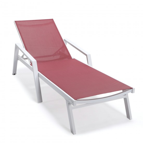 LeisureMod Marlin White Aluminum Outdoor Lounge Chair and Fire Pit, Burgundy