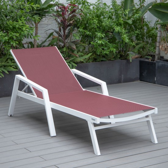 LeisureMod Marlin White Aluminum Outdoor Lounge Chair and Fire Pit, Burgundy