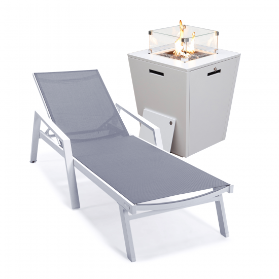 LeisureMod Marlin White Aluminum Outdoor Lounge Chair and Fire Pit, Dark Grey