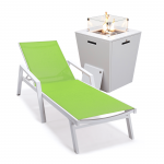 LeisureMod Marlin White Aluminum Outdoor Lounge Chair and Fire Pit, Green