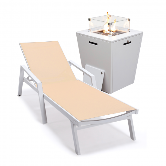 LeisureMod Marlin White Aluminum Outdoor Lounge Chair and Fire Pit, Light Brown