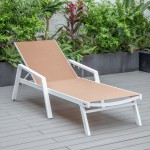 LeisureMod Marlin White Aluminum Outdoor Lounge Chair and Fire Pit, Light Brown