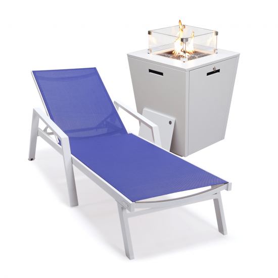 LeisureMod Marlin White Aluminum Outdoor Lounge Chair and Fire Pit, Navy Blue