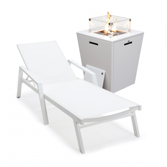 LeisureMod Marlin Modern White Aluminum Outdoor Lounge Chair and Fire Pit, White