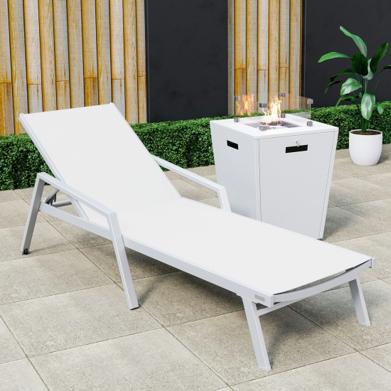 LeisureMod Marlin Modern White Aluminum Outdoor Lounge Chair and Fire Pit, White