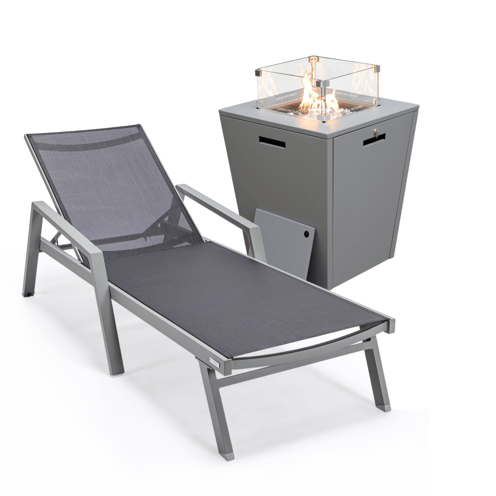 LeisureMod Marlin Modern Grey Aluminum Outdoor Lounge Chair and Fire Pit, Black