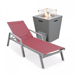 LeisureMod Marlin Grey Aluminum Outdoor Lounge Chair and Fire Pit, Burgundy