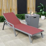 LeisureMod Marlin Grey Aluminum Outdoor Lounge Chair and Fire Pit, Burgundy