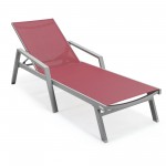 LeisureMod Marlin Grey Aluminum Outdoor Lounge Chair and Fire Pit, Burgundy