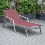 LeisureMod Marlin Grey Aluminum Outdoor Lounge Chair and Fire Pit, Burgundy