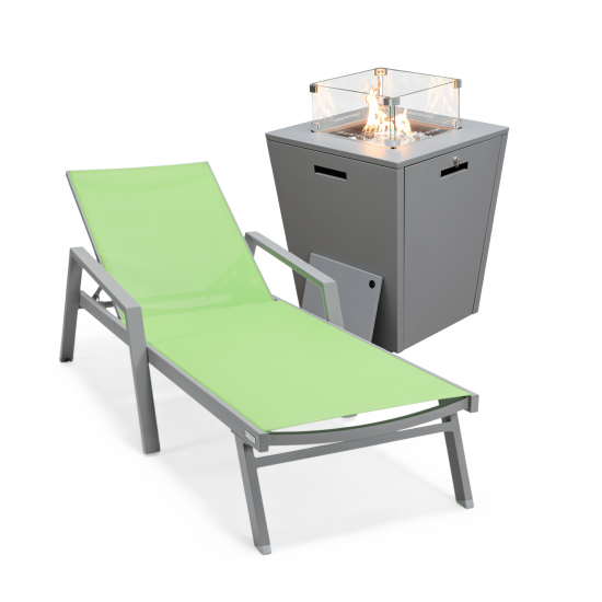 LeisureMod Marlin Modern Grey Aluminum Outdoor Lounge Chair and Fire Pit, Green
