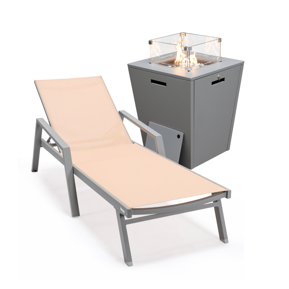 LeisureMod Marlin Grey Aluminum Outdoor Lounge Chair and Fire Pit, Light Brown