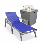 LeisureMod Marlin Grey Aluminum Outdoor Lounge Chair and Fire Pit, Navy Blue