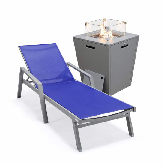 LeisureMod Marlin Grey Aluminum Outdoor Lounge Chair and Fire Pit, Navy Blue