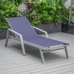 LeisureMod Marlin Grey Aluminum Outdoor Lounge Chair and Fire Pit, Navy Blue