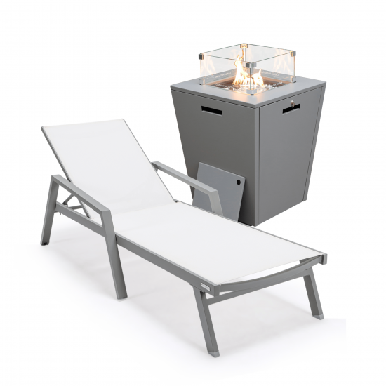LeisureMod Marlin Modern Grey Aluminum Outdoor Lounge Chair and Fire Pit, White