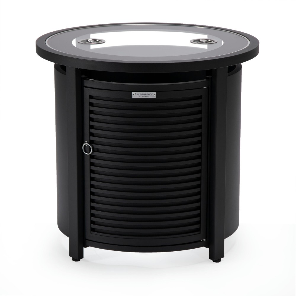 LeisureMod Walbrooke Patio Round Fire Pit, Tank Holder with Slats Design, Black