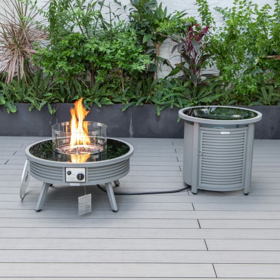 LeisureMod Walbrooke Patio Round Fire Pit, Tank Holder with Slats Design, Grey