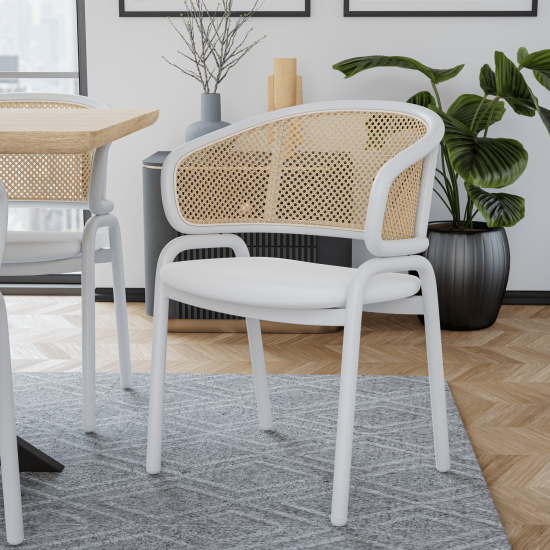 Leisuremod Ervilla Modern Dining Chair with Steel Legs and Wicker Back, White