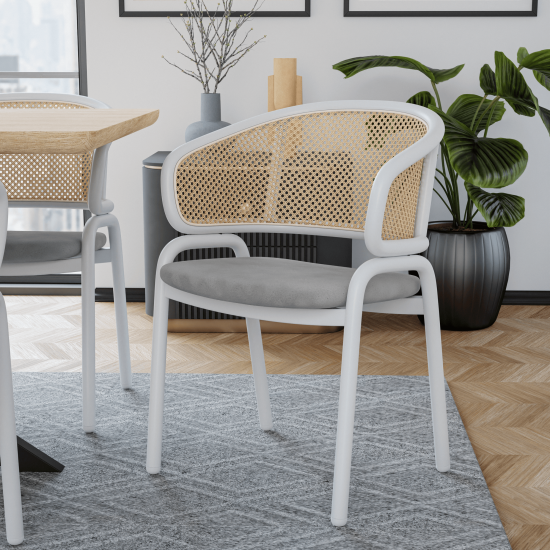Leisuremod Ervilla Modern Dining Chair with Steel Legs and Wicker Back, Grey