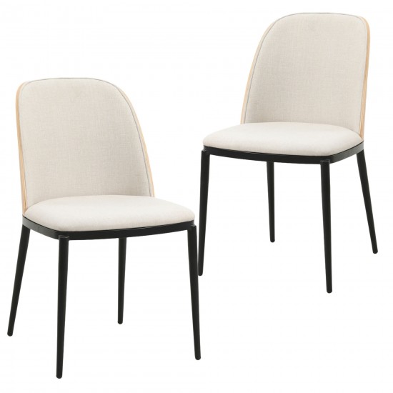 LeisureMod Tule Mid-Century Dining Side Chair Set of 2, Natural Wood/Beige