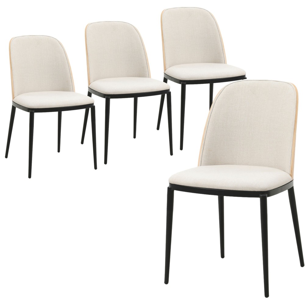 LeisureMod Tule Mid-Century Dining Side Chair Set of 4, Natural Wood/Beige