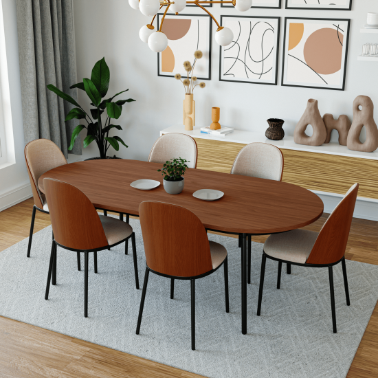 LeisureMod Tule Mid-Century Modern Dining Side Chair Set of 4, Walnut/Beige