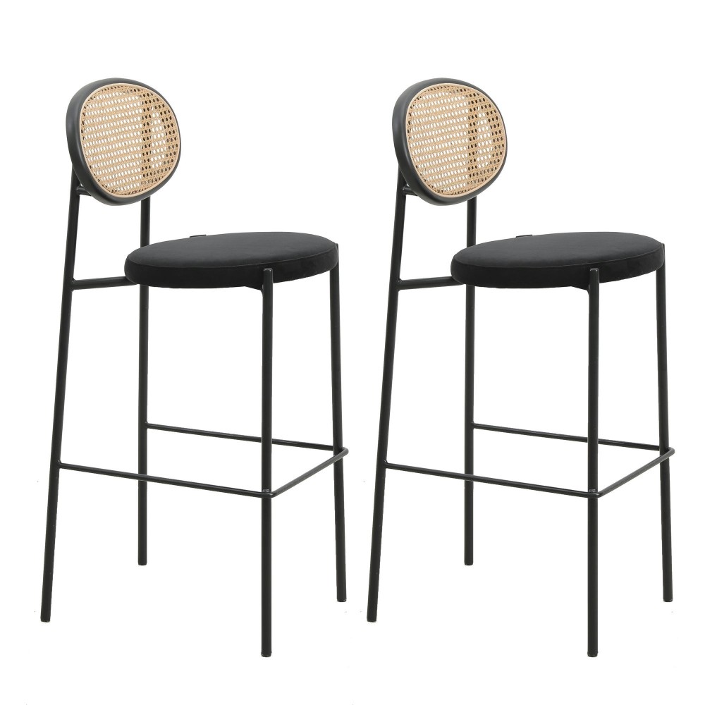 LeisureMod Euston Wicker Bar Stool With Black Steel Frame, Set of 2, Black